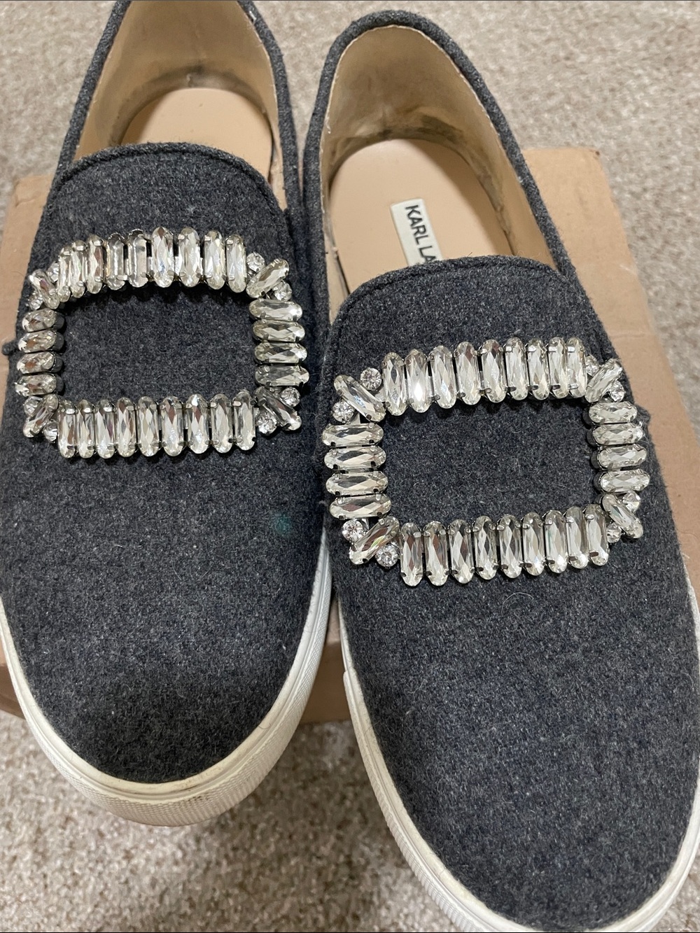 Karl Lagerfeld Charcoal Gray Crystal-Buckle Slip-On Sneakers